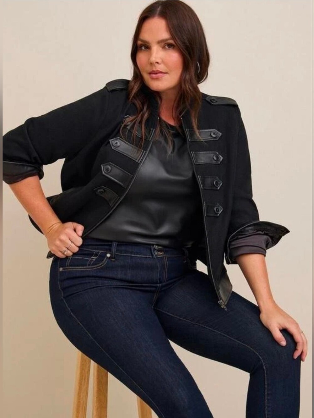 Torrid Black Military Band Jacket Faux Leather Trim Zip Front Size 3 =22/24